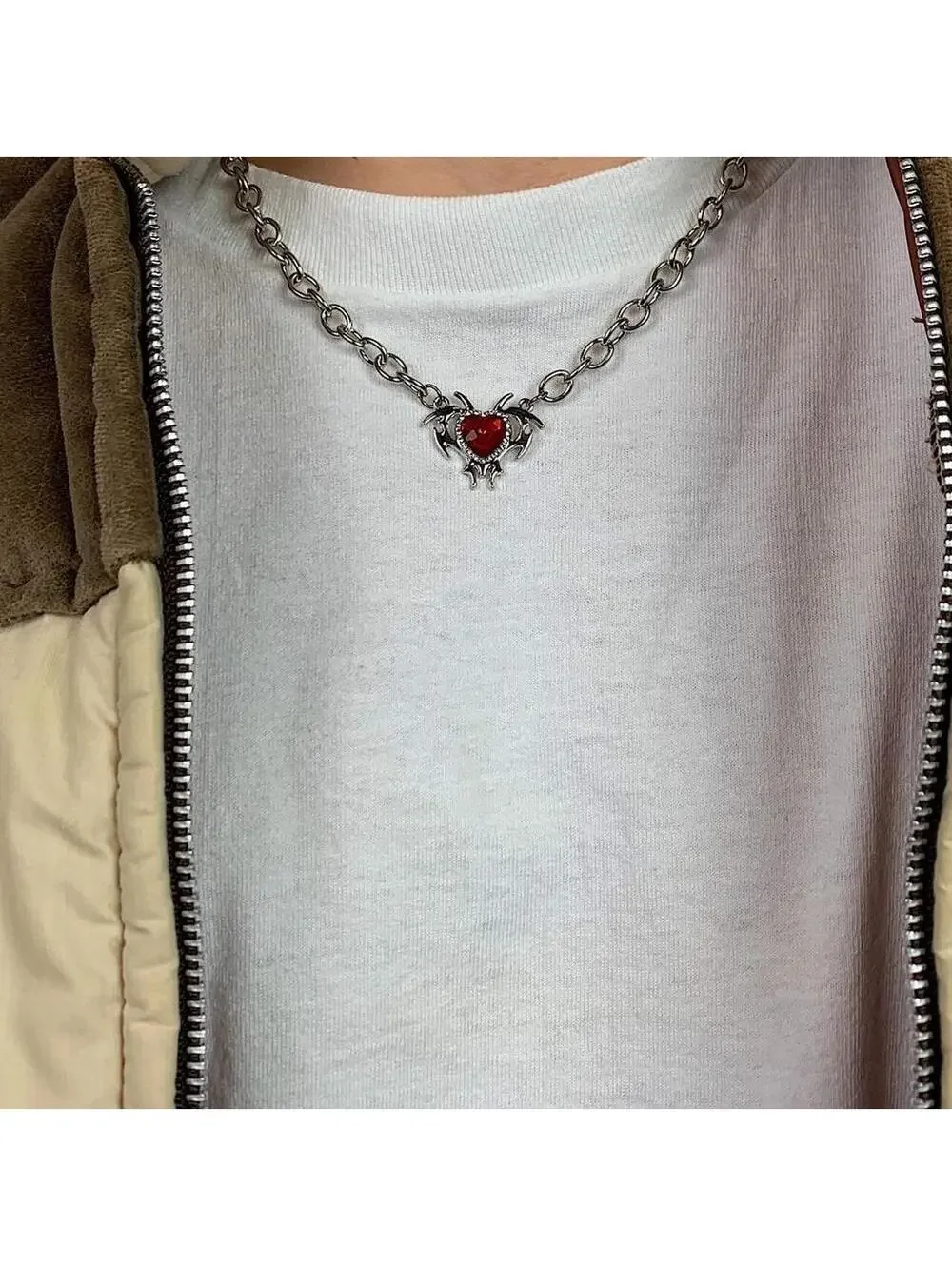 Red heart shaped opal love pendant thick chain y2k 2000s opium style necklace ch